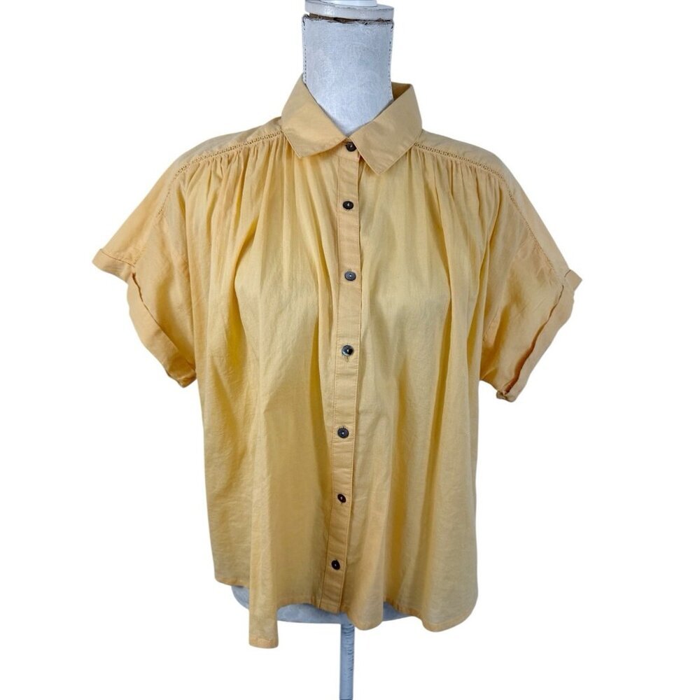 Sundance Women's L Petite Oversized SS Lace Trim Button Up‎ Shirt Pastel Orange